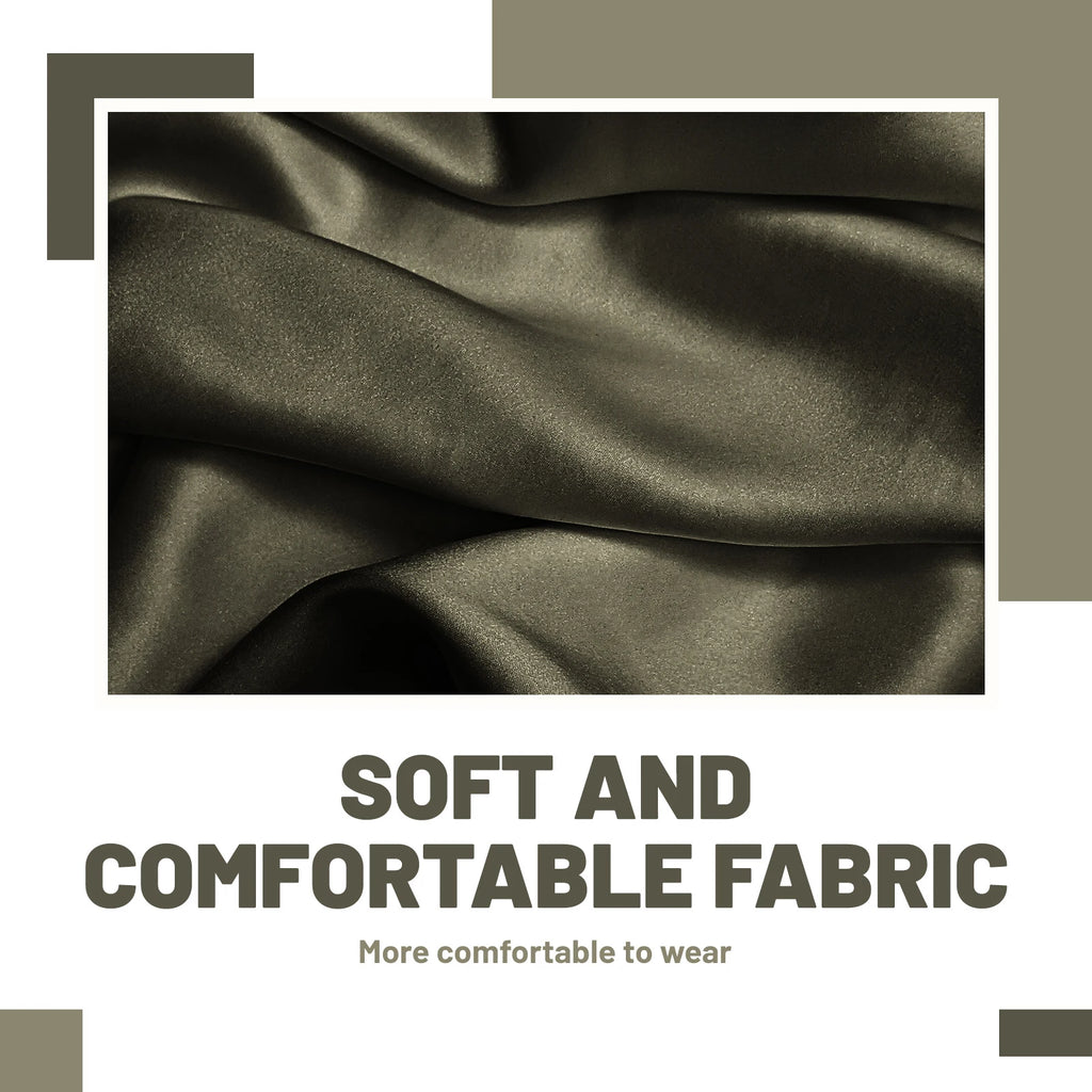 Polyester fabric and gathered construction details on the blouse and olive green skirt