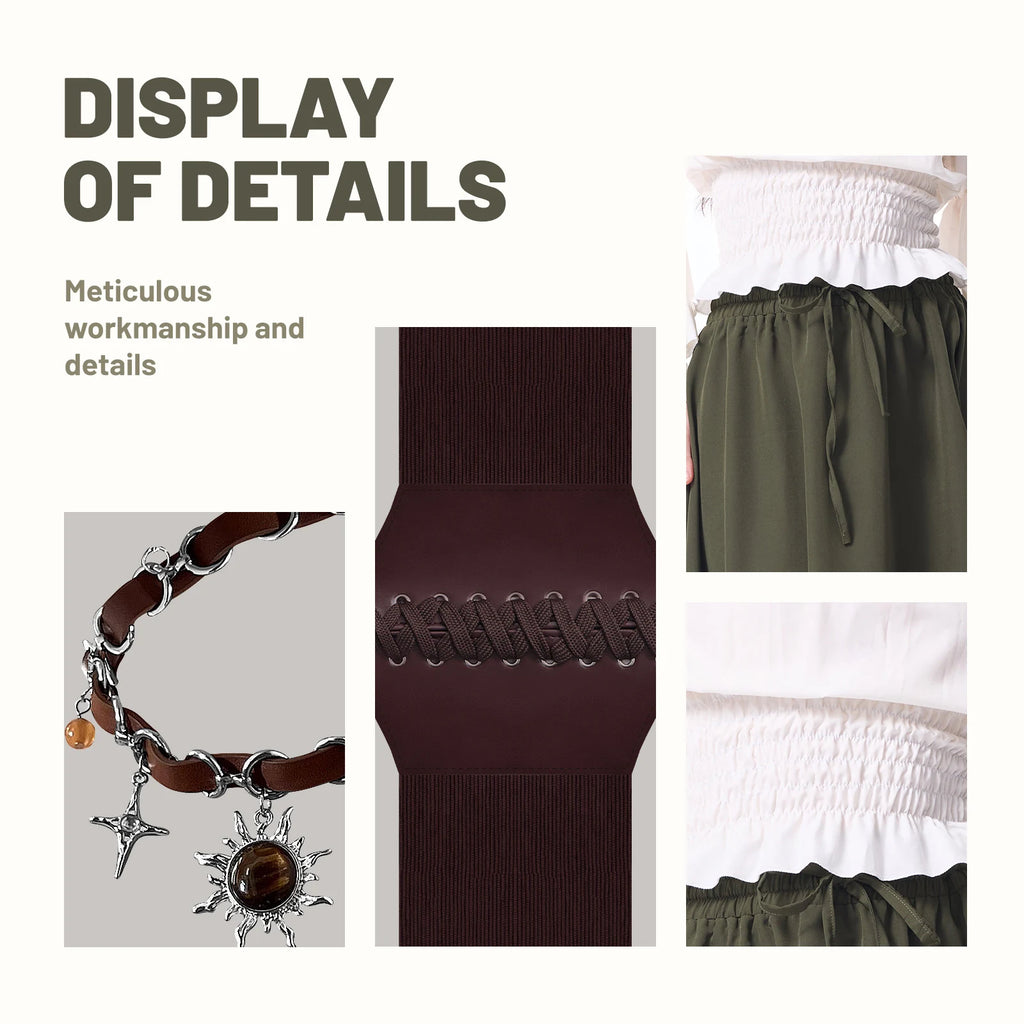 Close-up details of the white blouse, olive green skirt, waist cincher, and necklace