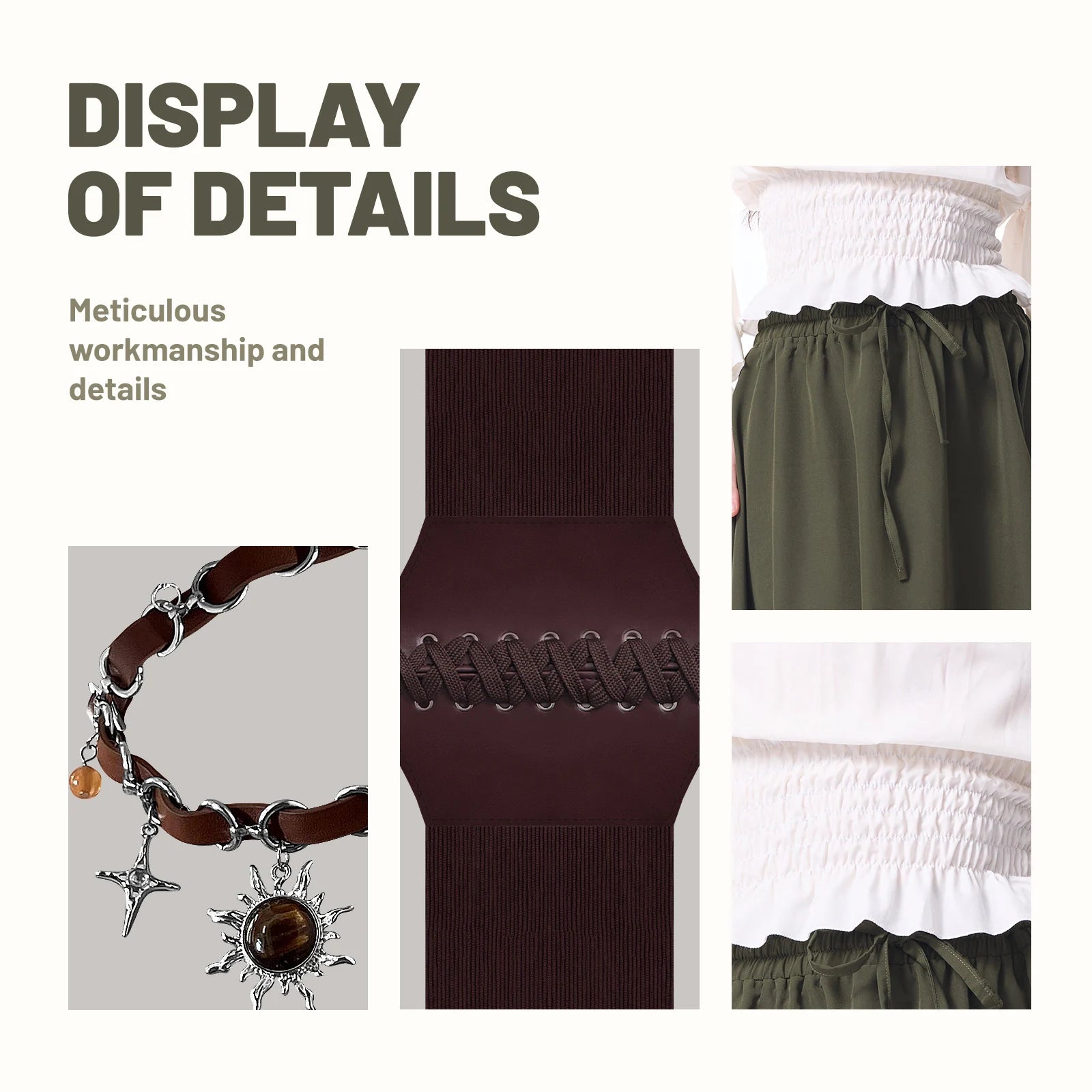 Close-up details of the white blouse, olive green skirt, waist cincher, and necklace