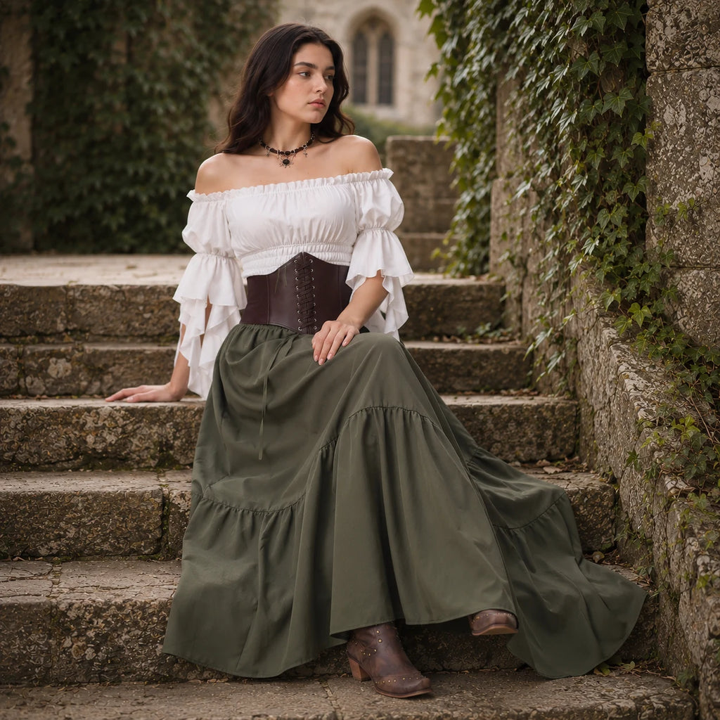 Full back view of the olive green long skirt and white Renaissance blouse
