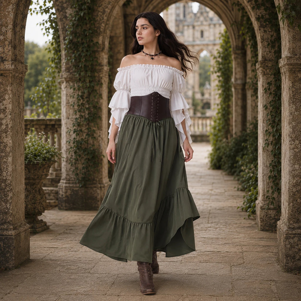 Full front view of the four-piece olive green Renaissance costume