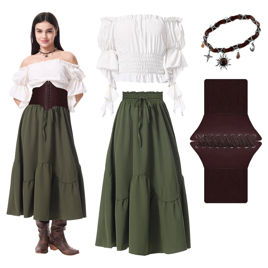 Women's Renaissance costume with white blouse, olive green long skirt, brown waist cincher, and necklace