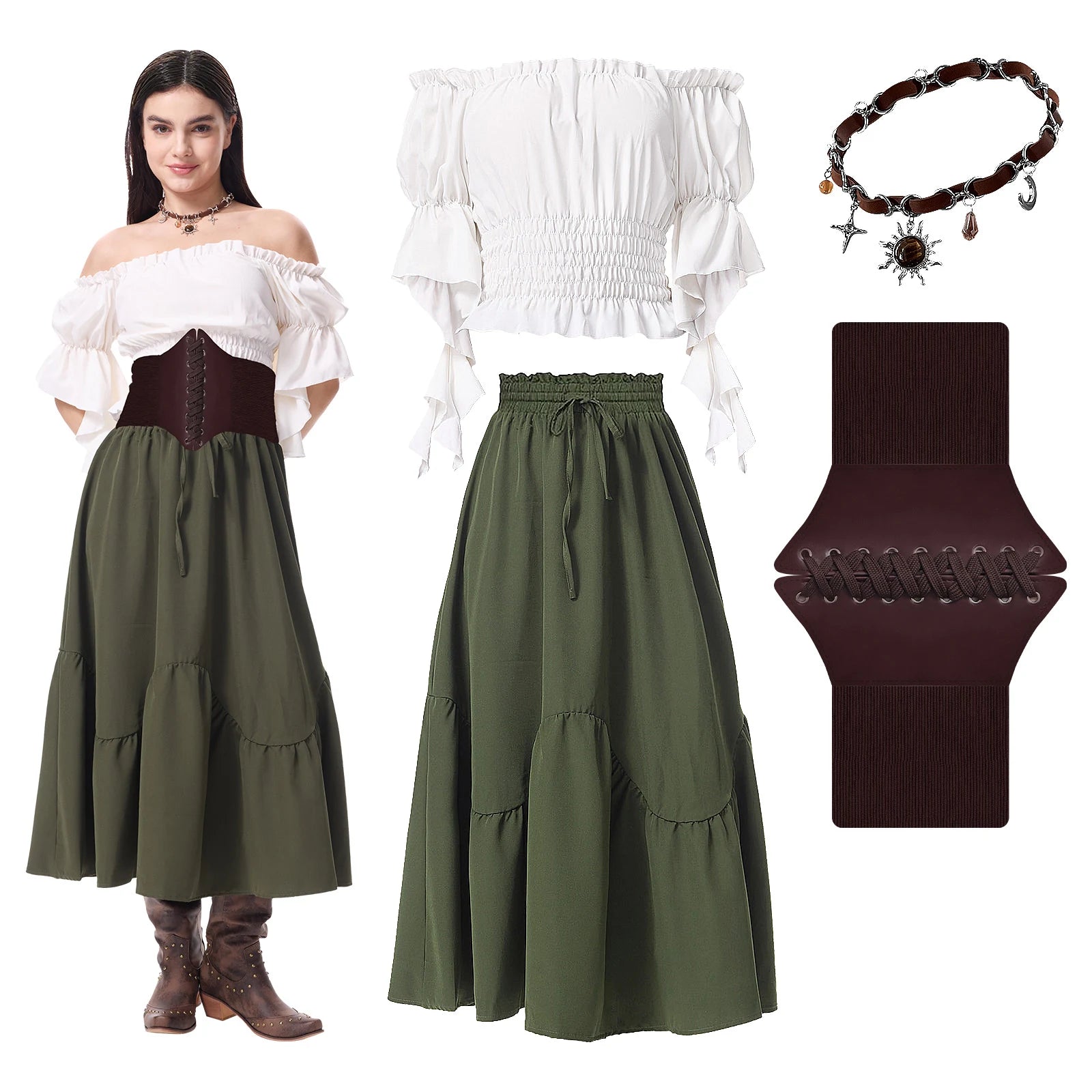 Women's Renaissance costume with white blouse, olive green long skirt, brown waist cincher, and necklace