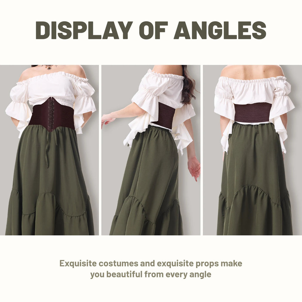 Olive green long skirt Renaissance costume shown as separate coordinated pieces