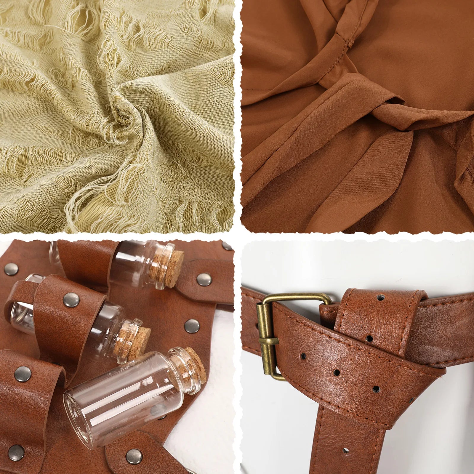 Close-up views of the ivory dress texture, brown cloak ties, bottle holder, and belt buckle.