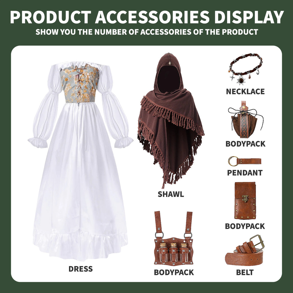 Eight-piece Renaissance costume set with dress, shawl, necklace, belt, pouches and vial holster