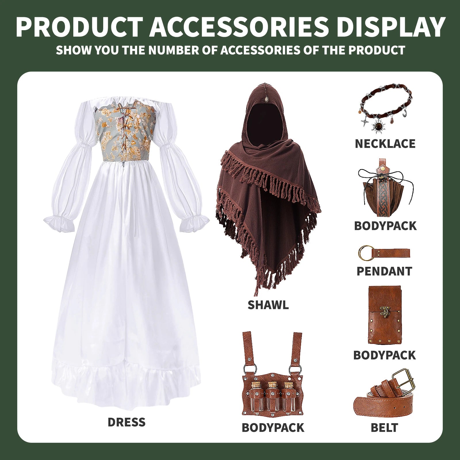 Eight-piece Renaissance costume set with dress, shawl, necklace, belt, pouches and vial holster