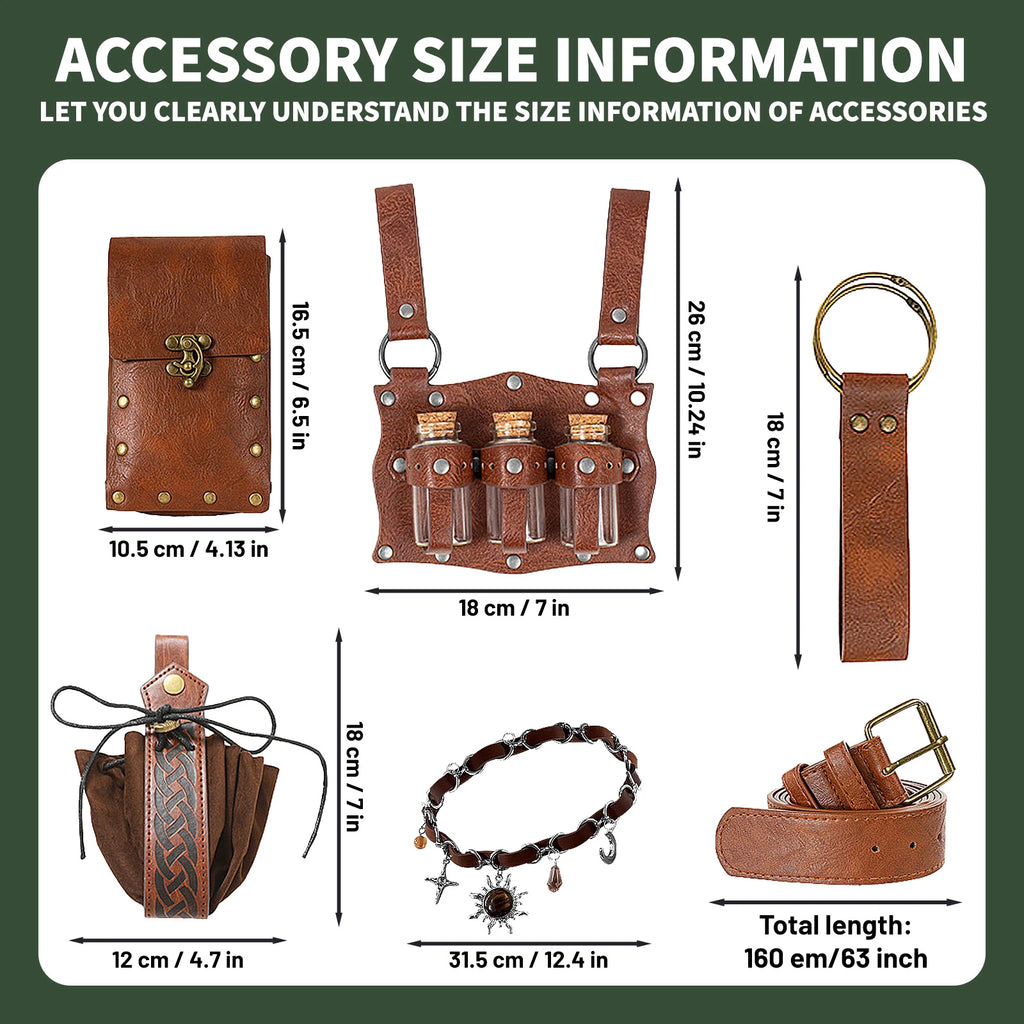 Dimensions for the belt, pouches, necklace, key hanger and three-vial holster