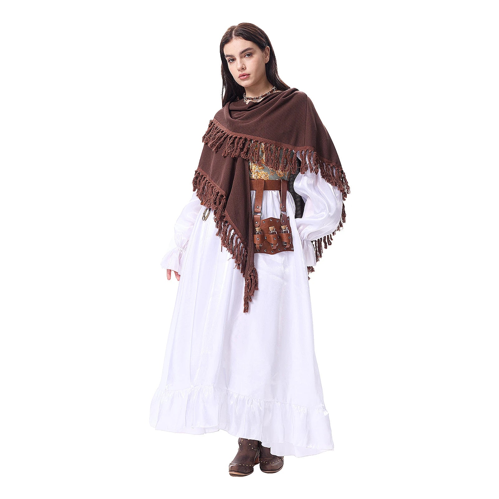 Women's Renaissance dress costume in white with pale green floral bodice and brown accessories, front view