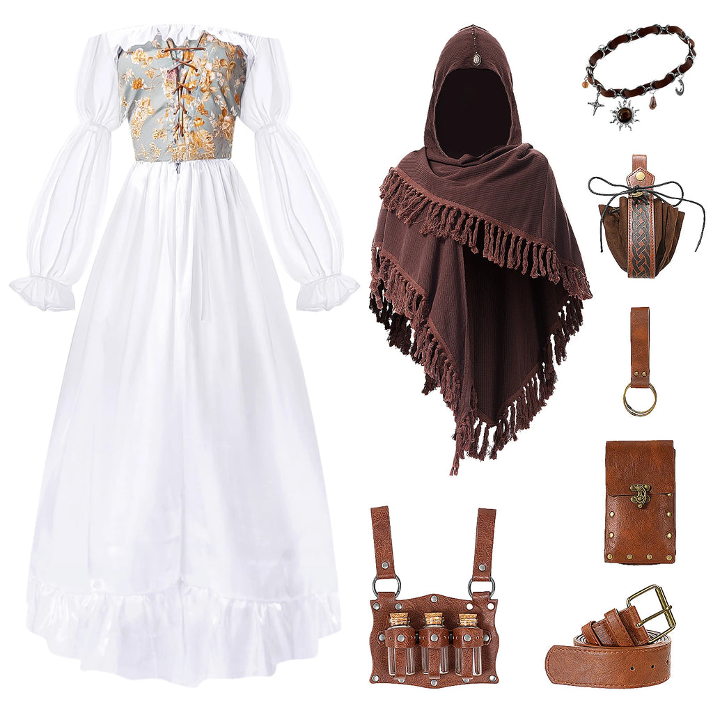 Women's white and pale green Renaissance dress styled with the included brown shawl, belt and pouches