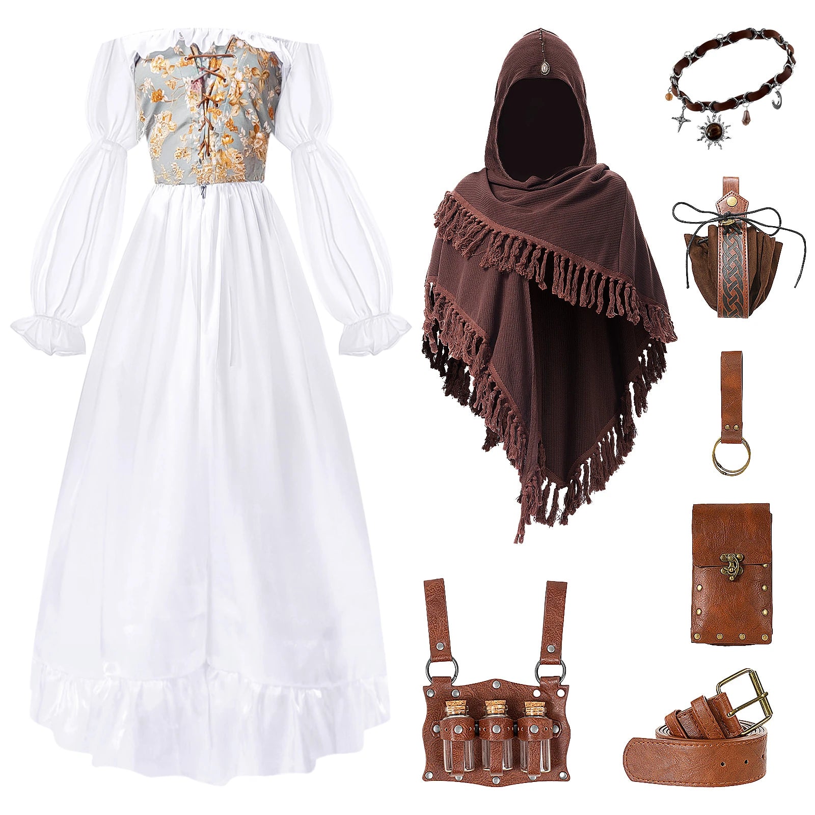 Women's white and pale green Renaissance dress styled with the included brown shawl, belt and pouches