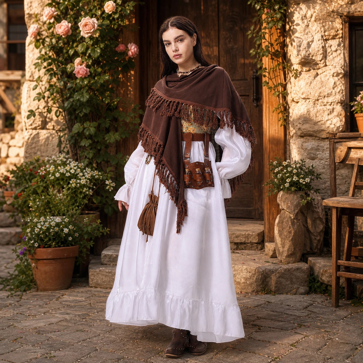 Woman wearing a white and pale green Renaissance dress with a brown shawl and belt accessories