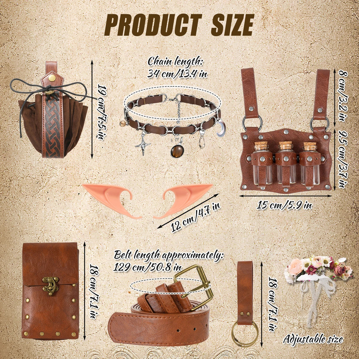 Renaissance elf costume garment size guide in centimeters and inches