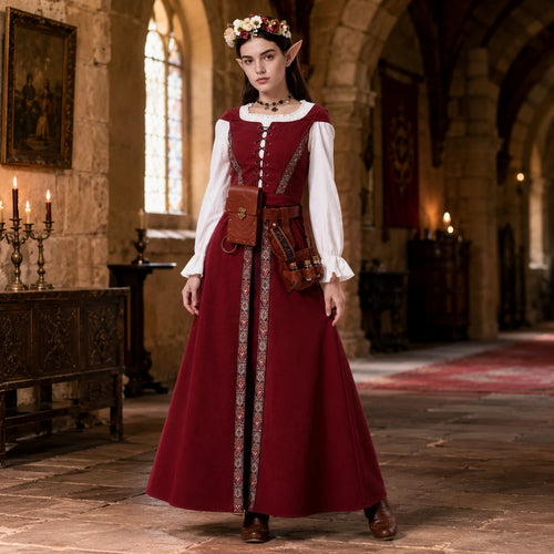 Woman in a burgundy Renaissance elf costume inside a stone hall