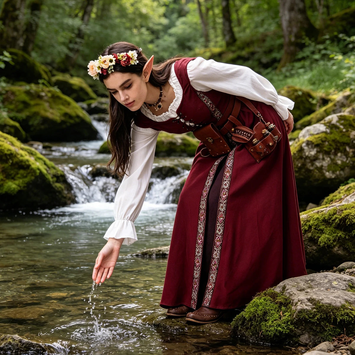 Burgundy Renaissance elf costume styled beside a forest creek