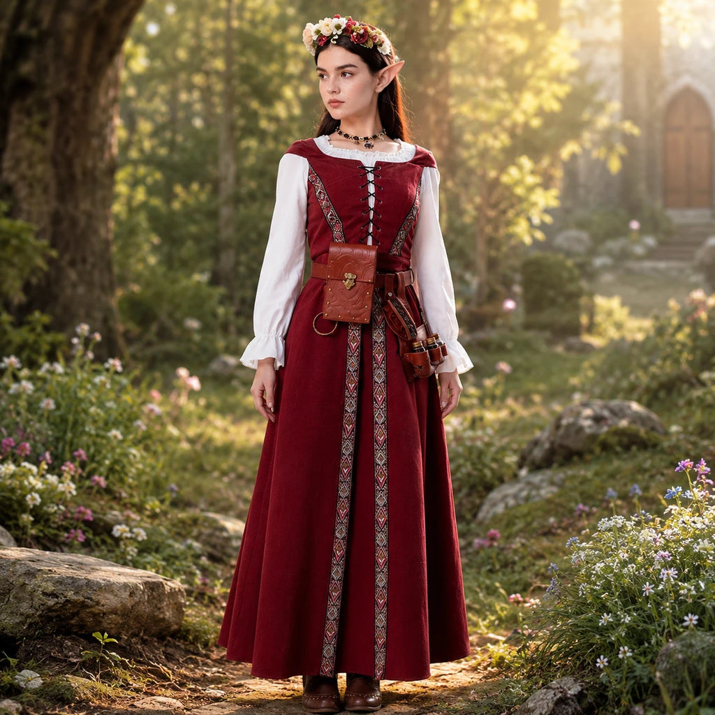 Woman wearing a burgundy Renaissance elf costume on a woodland path