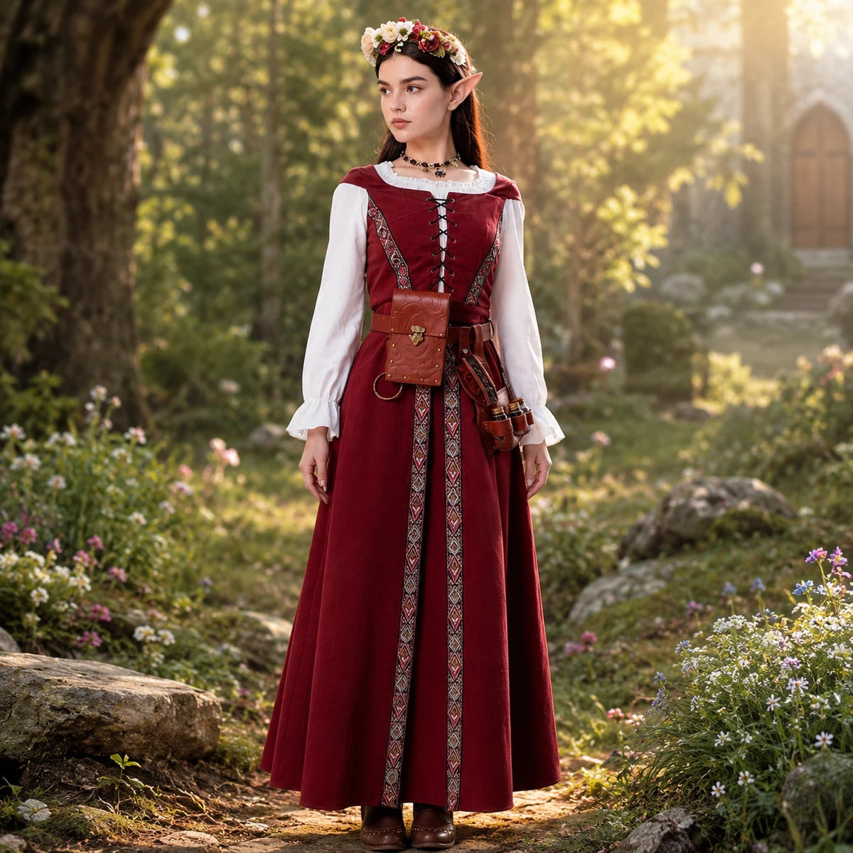 Woman wearing a burgundy Renaissance elf costume on a woodland path