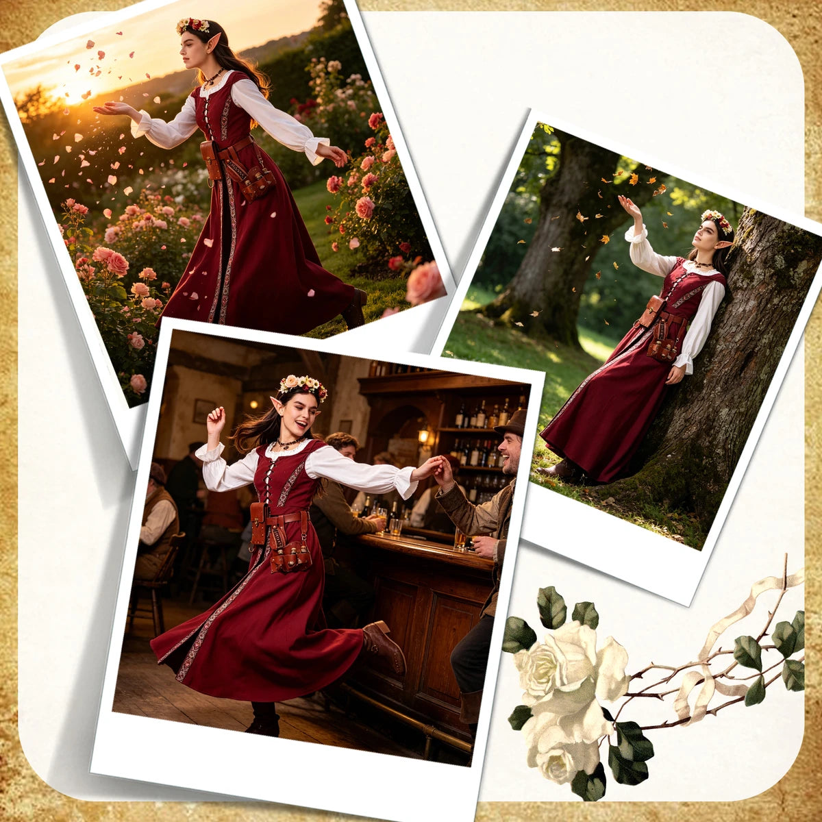 Burgundy Renaissance elf costume styled across forest and tavern scenes