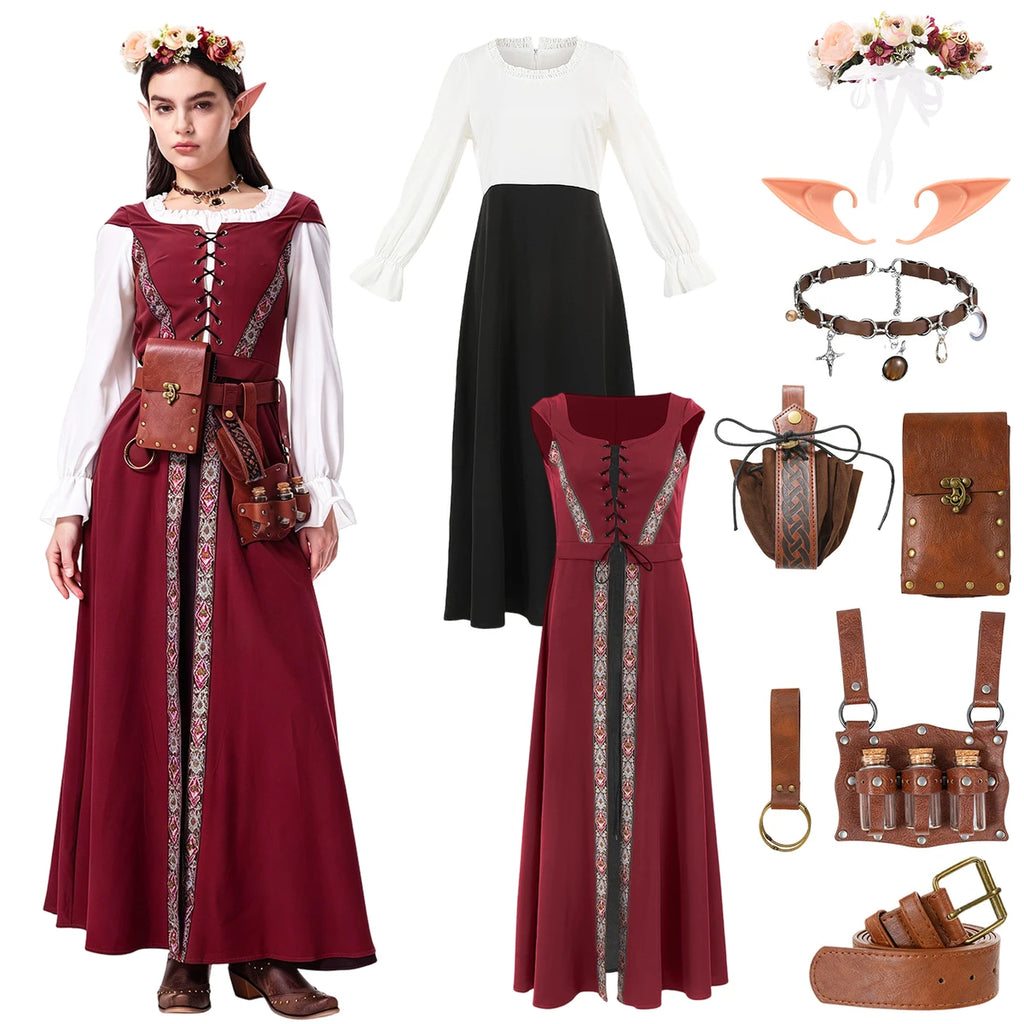 Burgundy Renaissance elf costume with layered dress and ten-piece accessory set