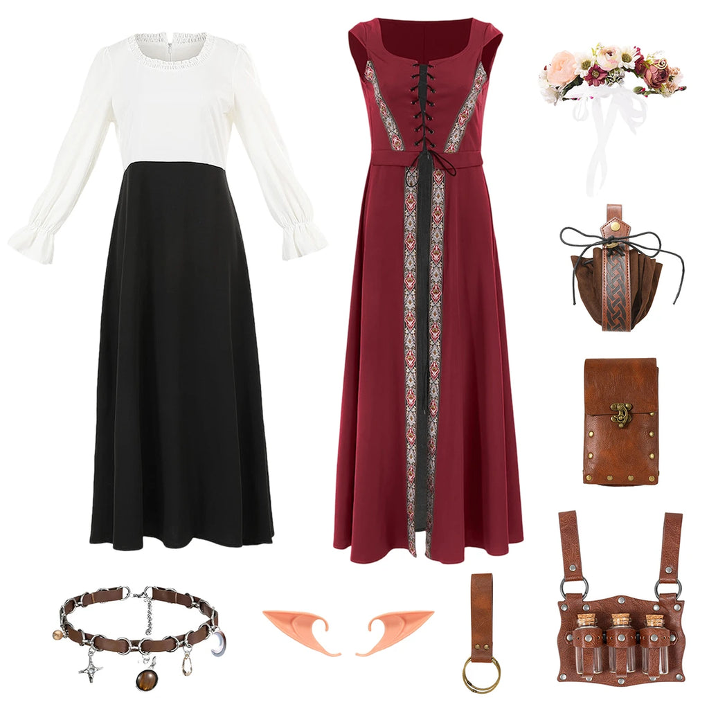 Burgundy Renaissance elf costume shown with front and layered garment views