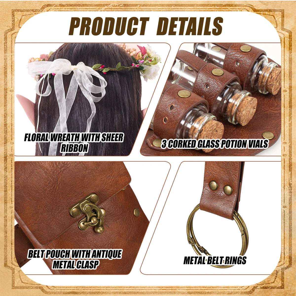 Floral crown, potion-vial holster, belt pouch and metal ring details