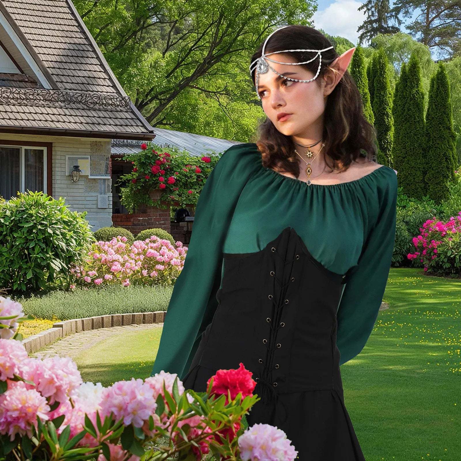 Close-up of a green and black Renaissance elf costume styled with a silver headpiece and layered necklaces in a garden.