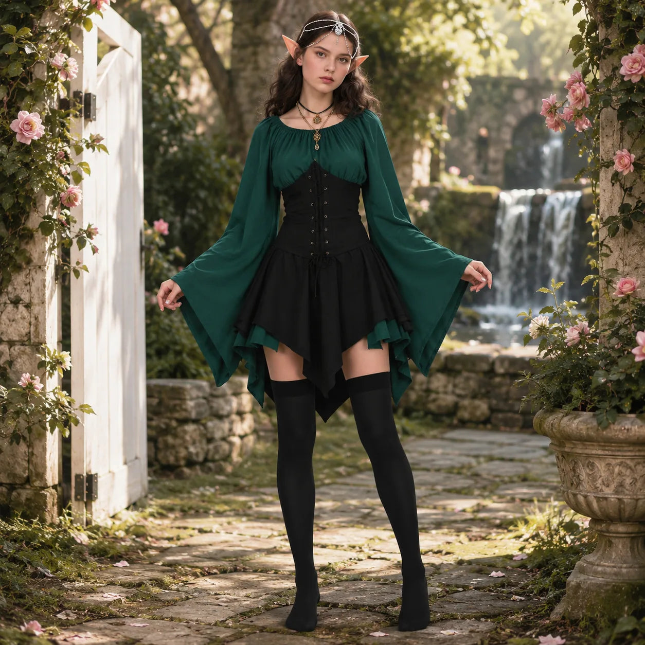 Woman wearing a green and black Renaissance elf costume in a garden