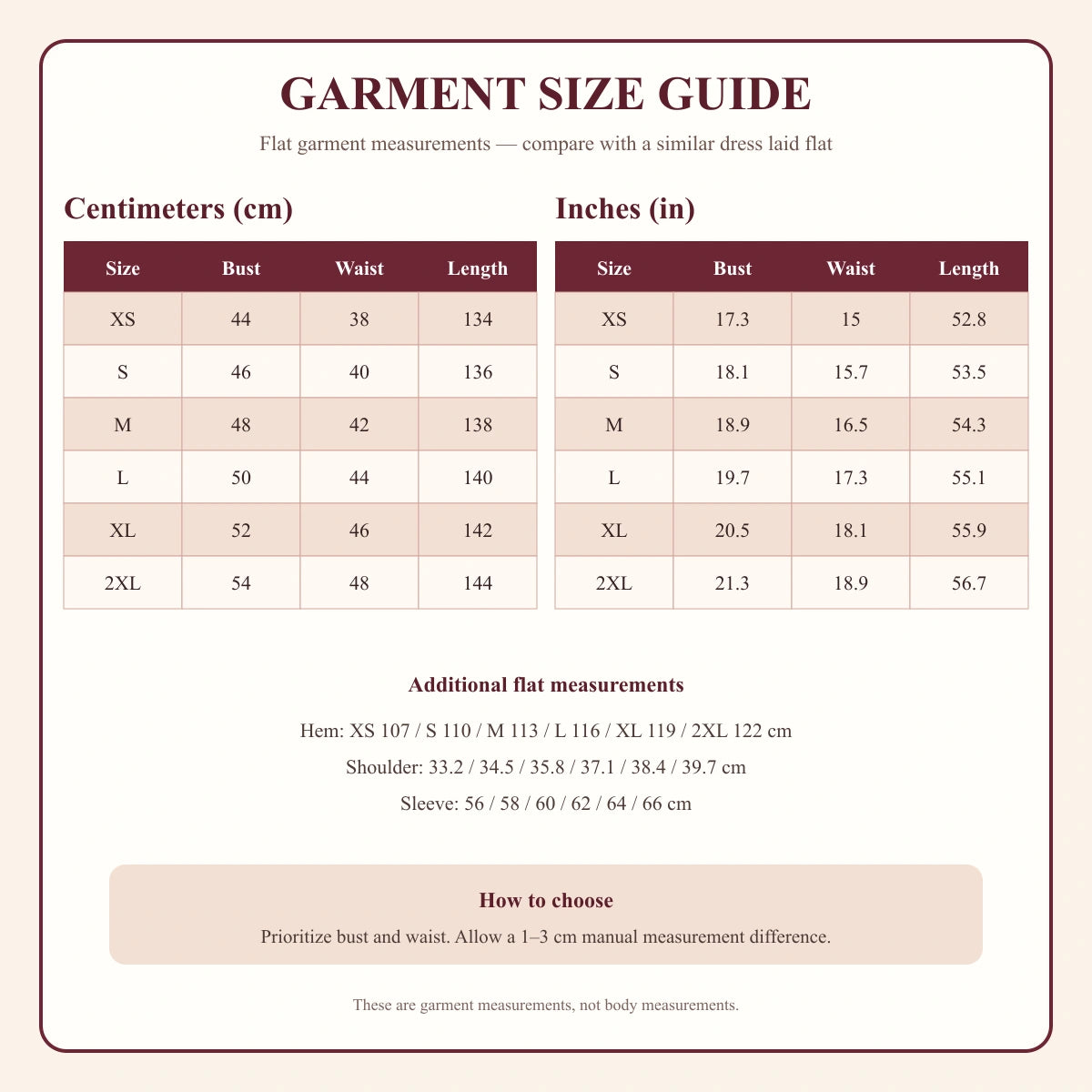 Renaissance elf costume garment size guide in centimeters and inches