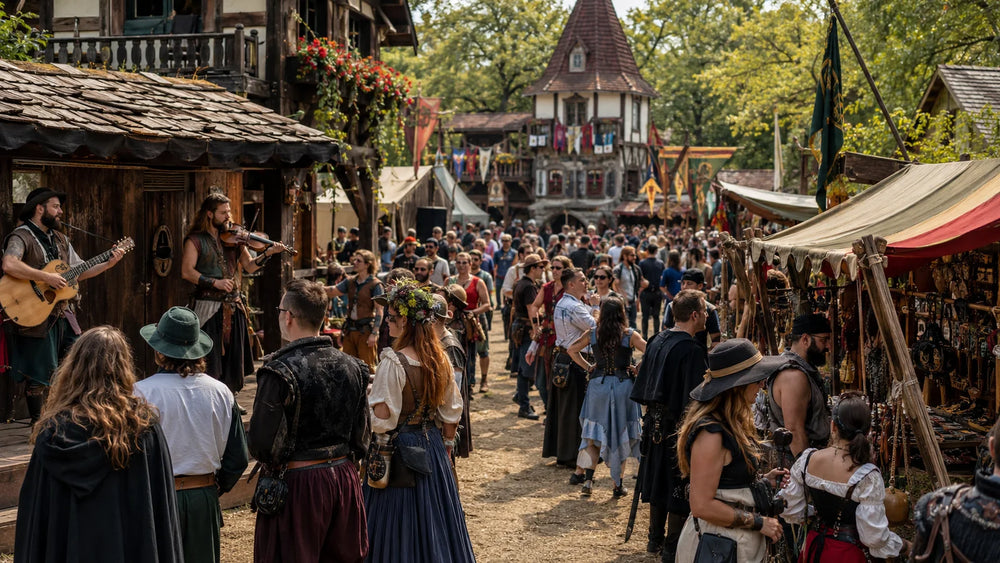 Costumed visitors using playful greetings at a Renaissance fair marketplace