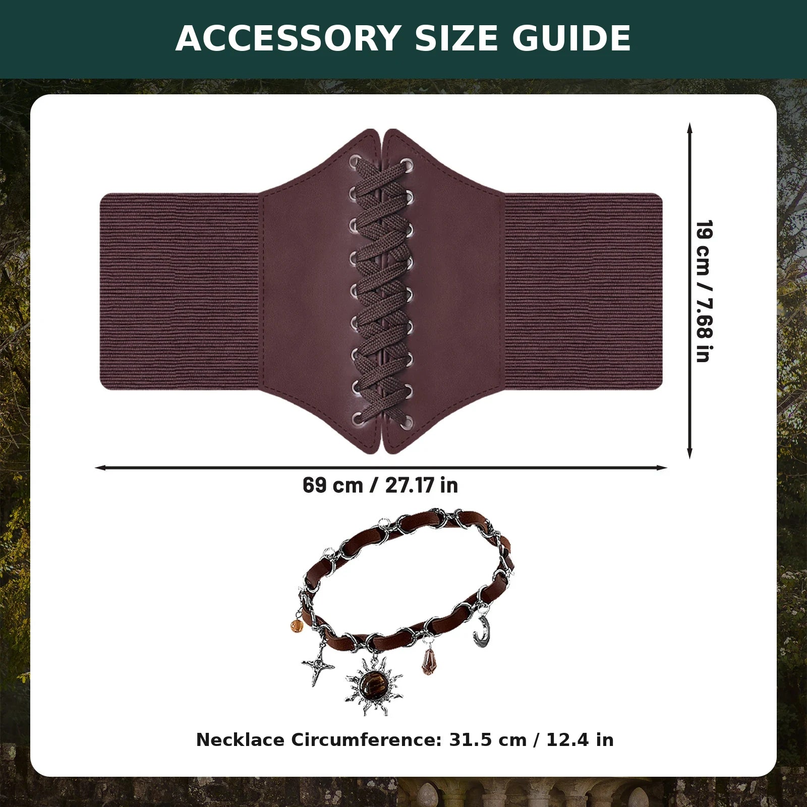 Renaissance fairy costume accessory size guide showing corset belt and necklace measurements