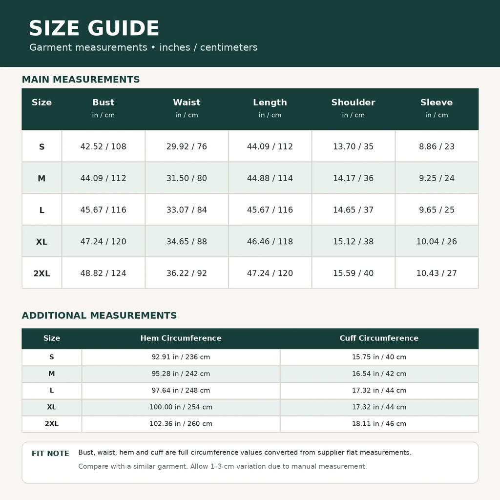 Renaissance fairy costume size guide with garment measurements in inches and centimeters from S to 2XL
