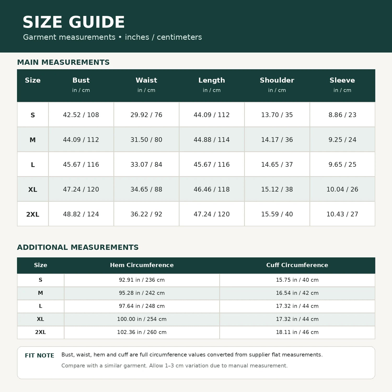Renaissance fairy costume size guide with garment measurements in inches and centimeters from S to 2XL