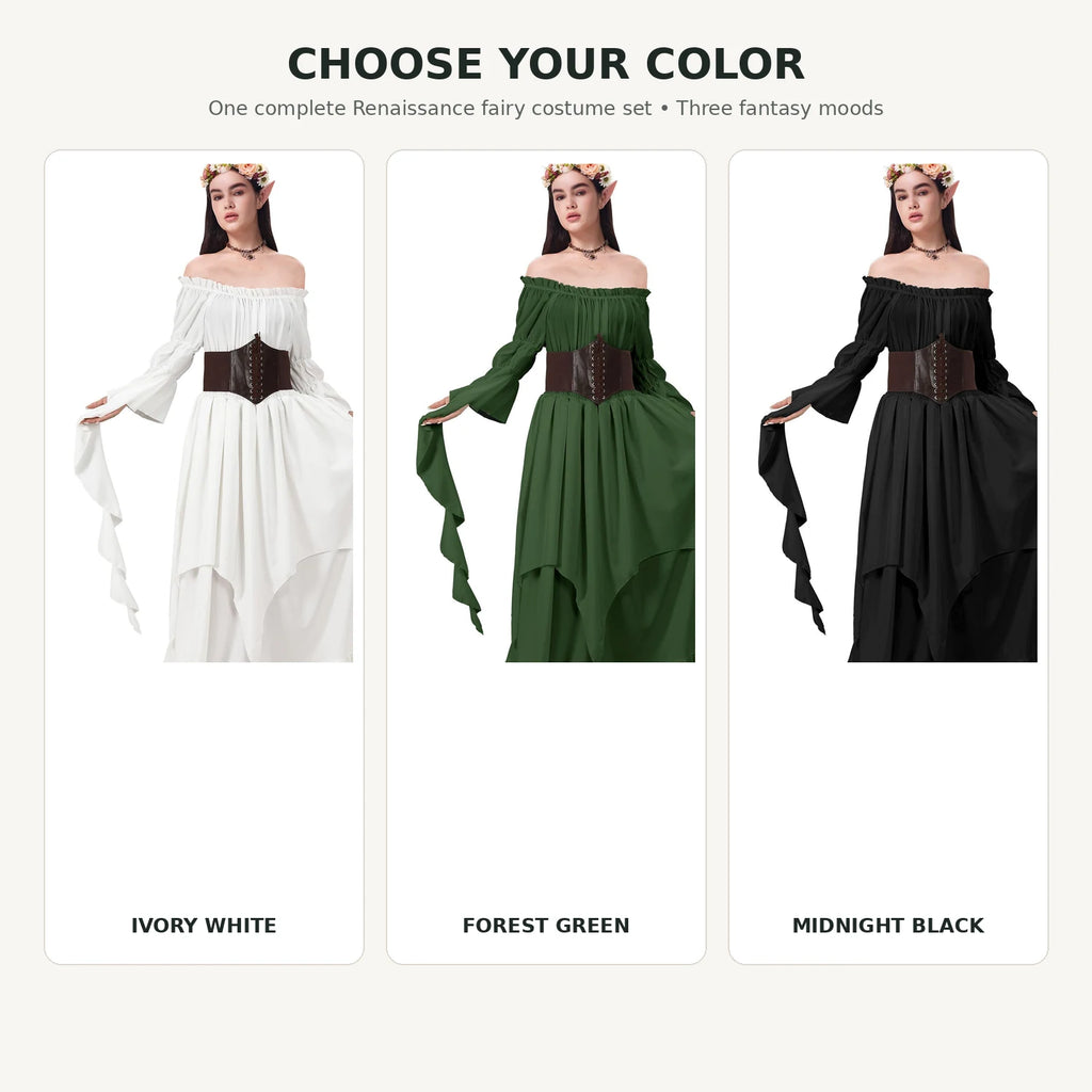 Ivory white, forest green and midnight black Renaissance fairy costume color options for women