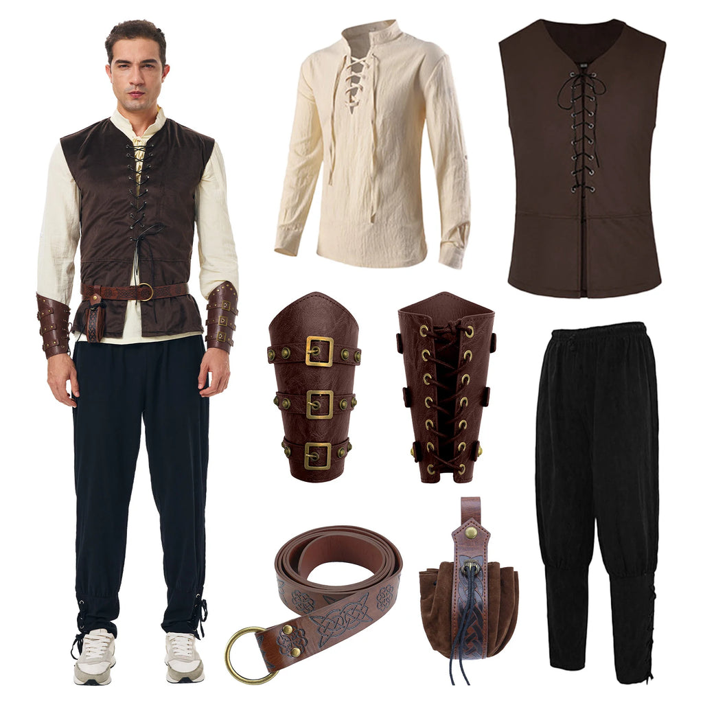 Men's Renaissance peasant costume in brown seven-piece set