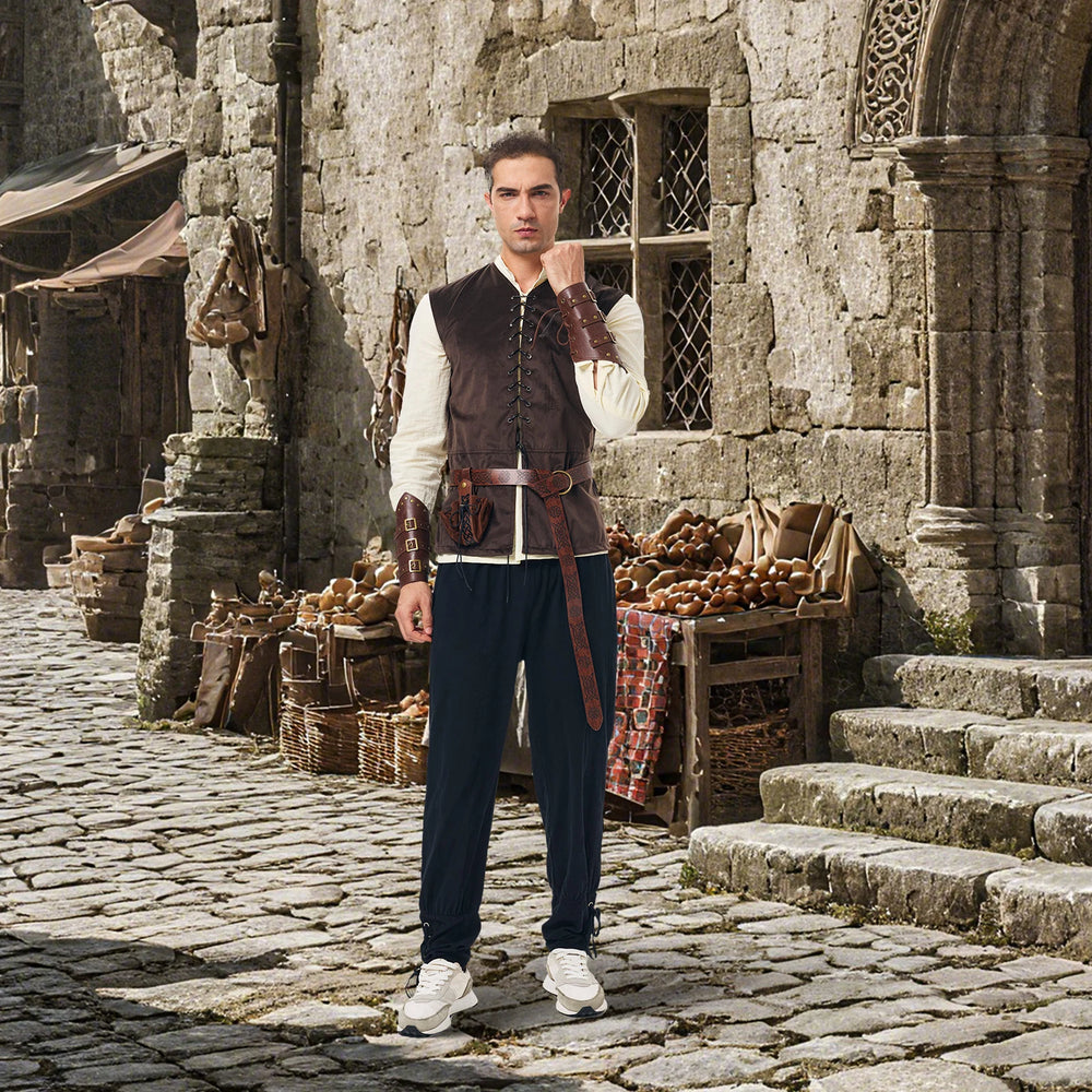 Men's brown medieval peasant costume styled in a castle scene