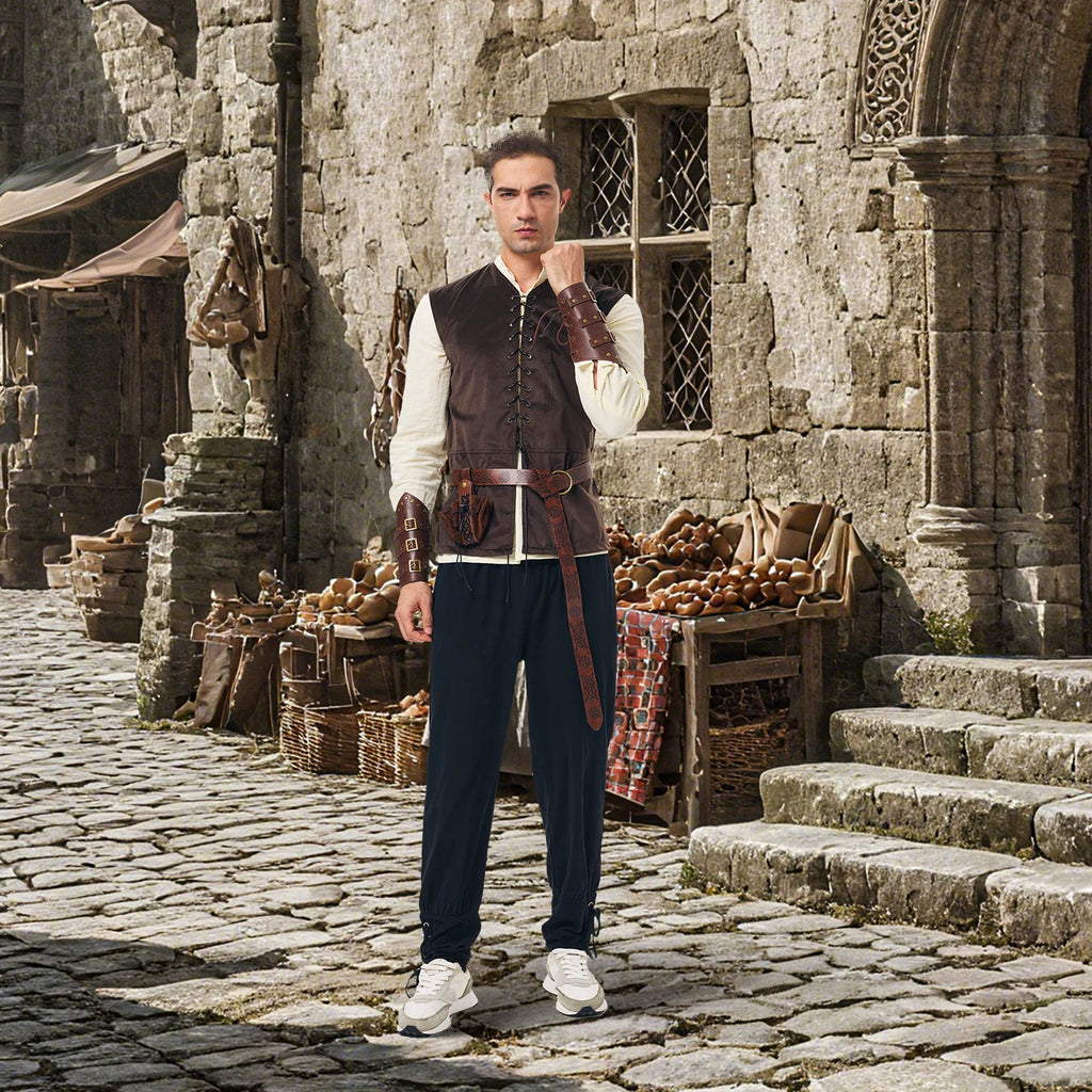 Men's brown medieval peasant costume styled in a castle scene