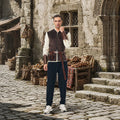 Men's brown medieval peasant costume styled in a castle scene