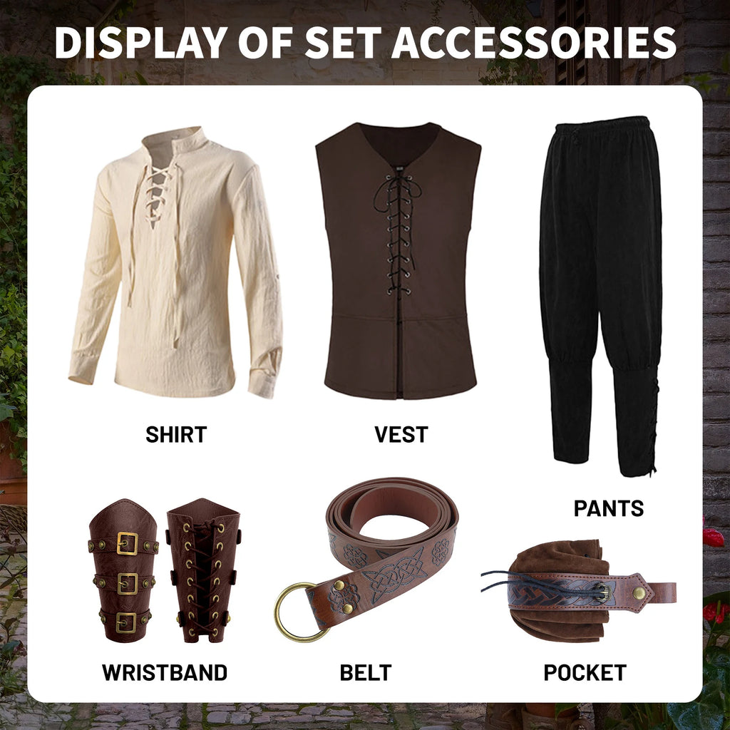Seven-piece men's Renaissance peasant costume contents with shirt vest and accessories
