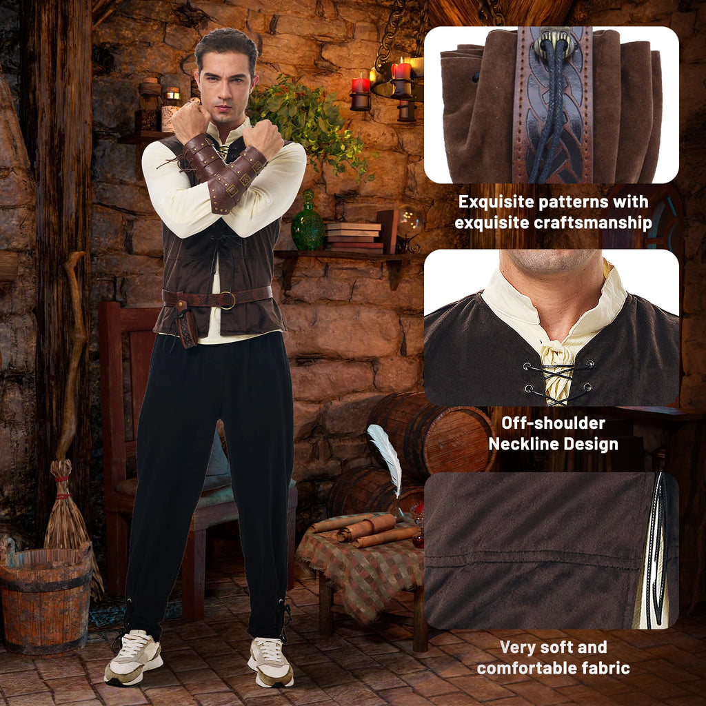 Men's brown lace-up vest and coordinated medieval wrist guards
