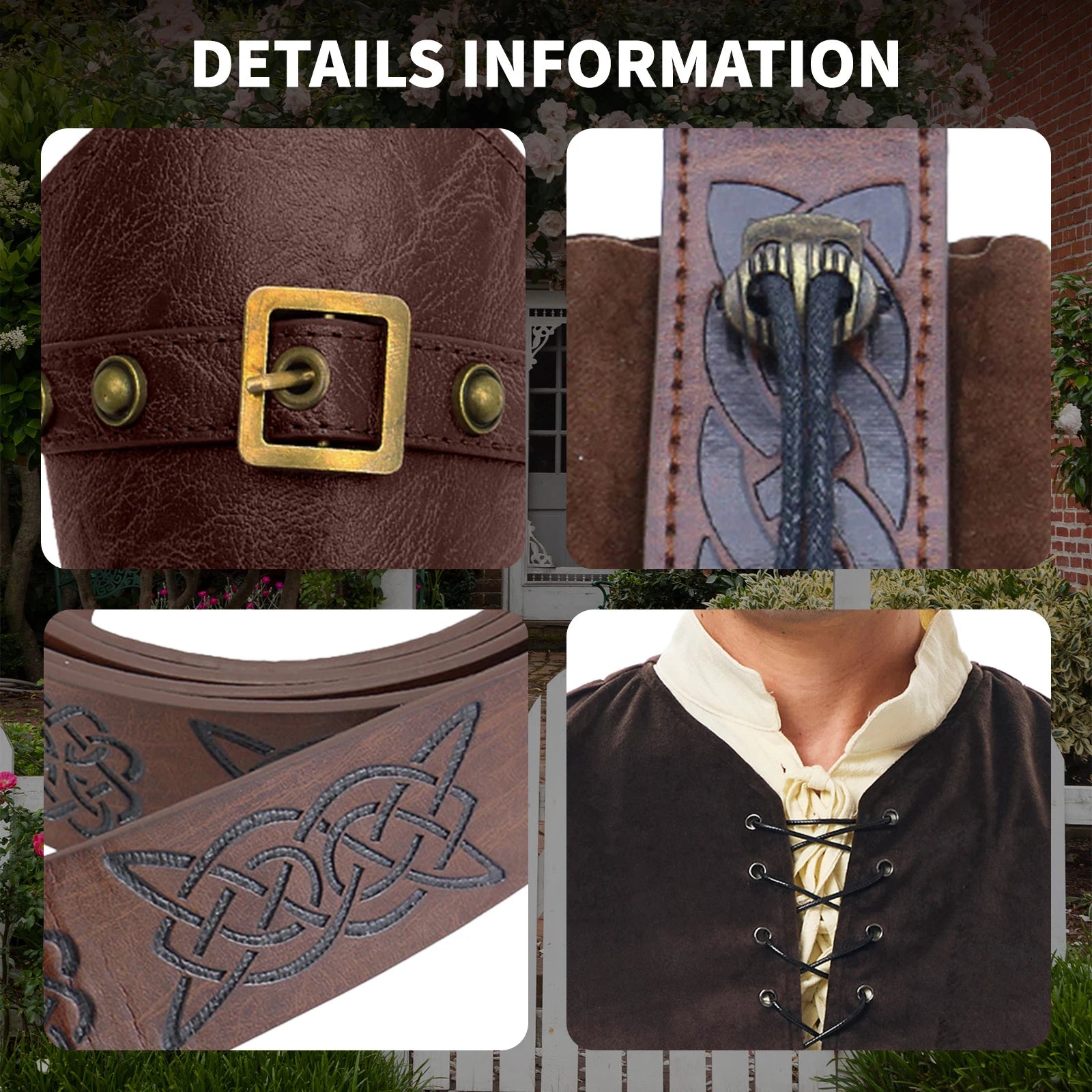 Celtic embossed belt pouch wrist guard and lace-up vest details