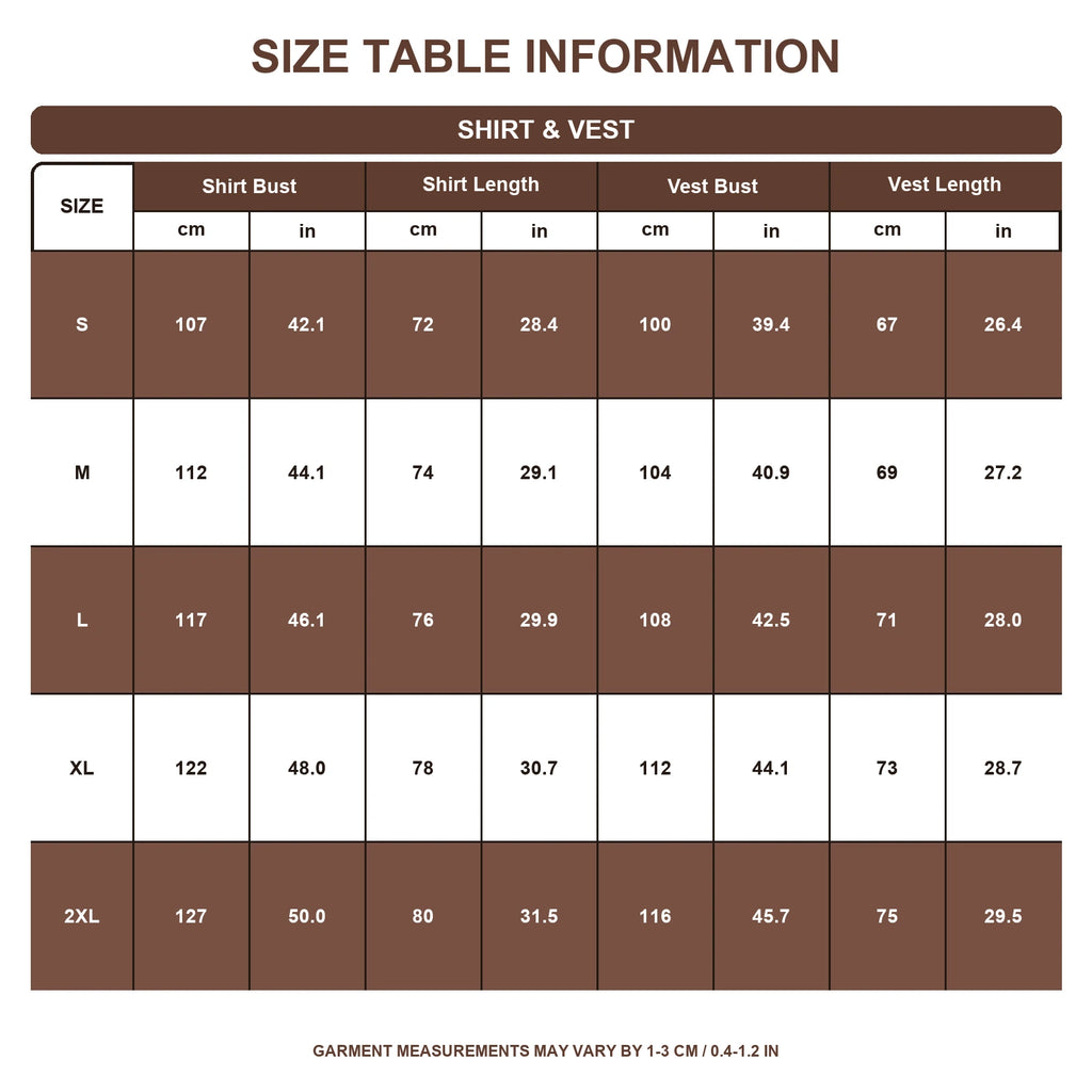 Shirt and vest size guide for men's Renaissance peasant costume
