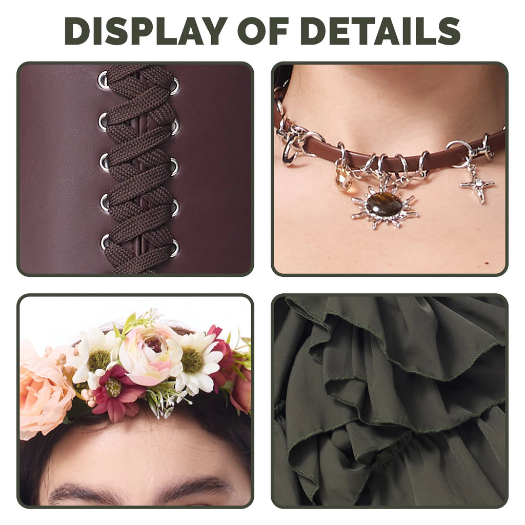 Close-up details of the brown waist cincher, charm necklace, floral crown, and green ruffles