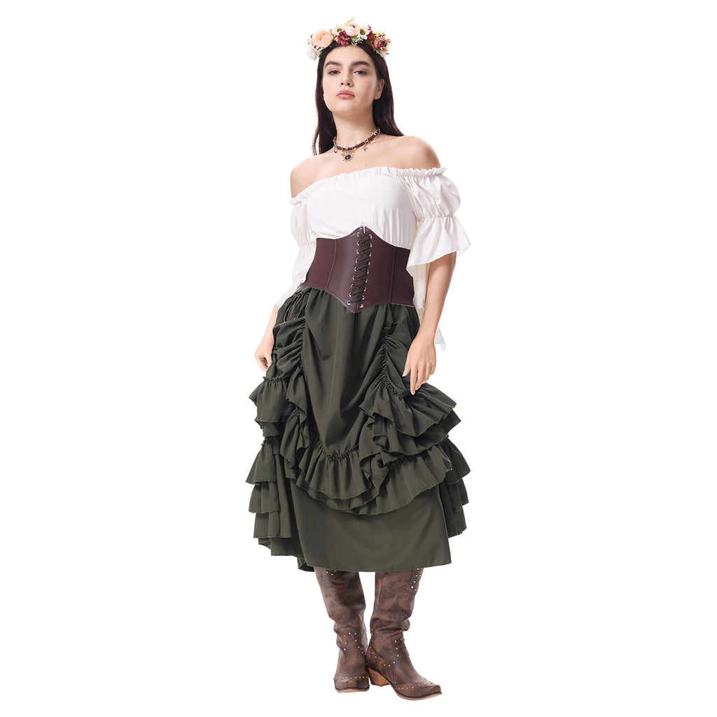 Women's green medieval peasant costume shown from an angled view