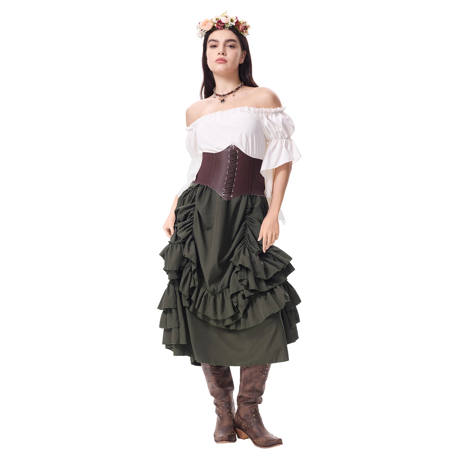 Women's green medieval peasant costume shown from an angled view