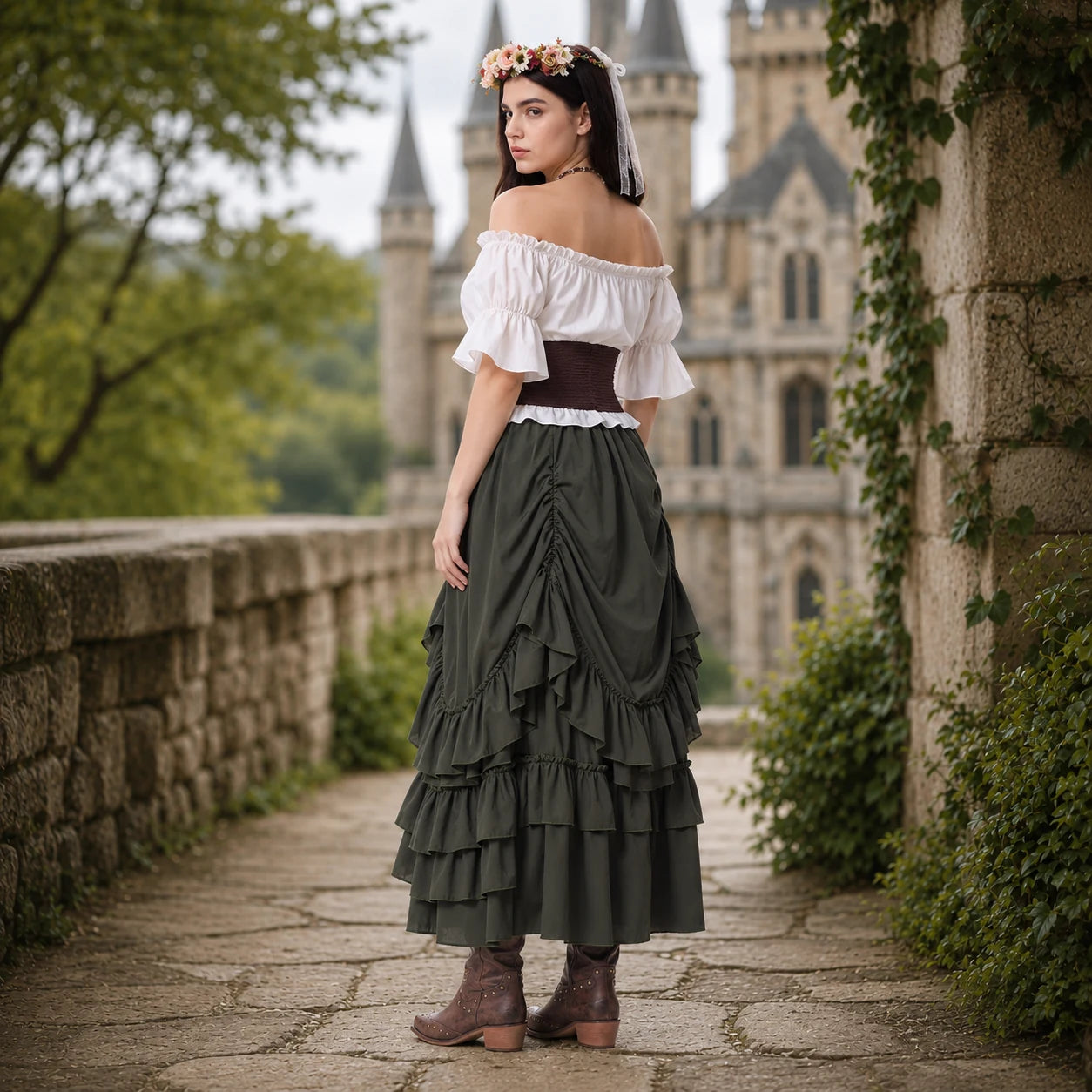 Back view of a woman's olive green Renaissance peasant outfit in a castle garden