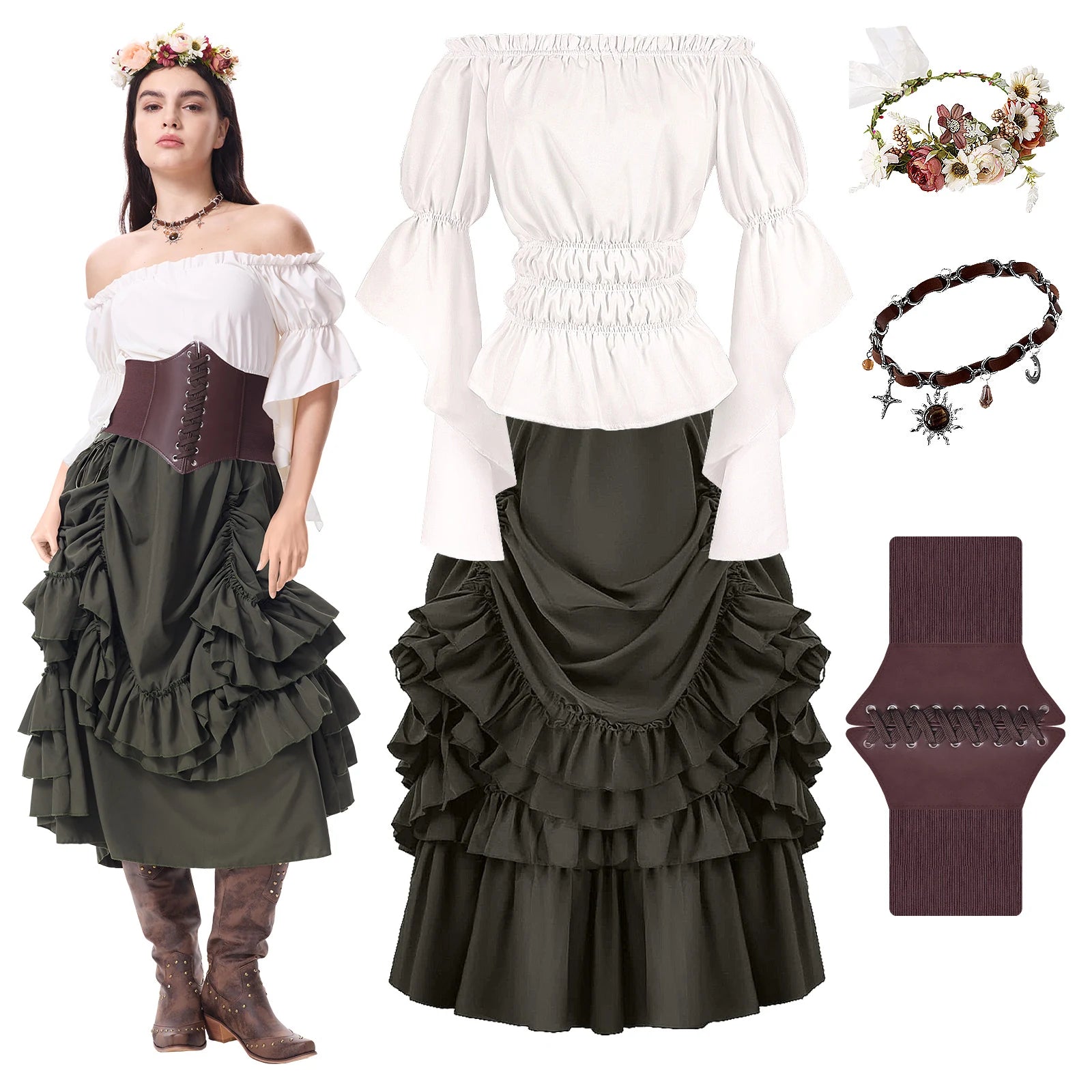 Five-piece Renaissance peasant outfit with blouse, green skirt, waist cincher, floral crown, and necklace