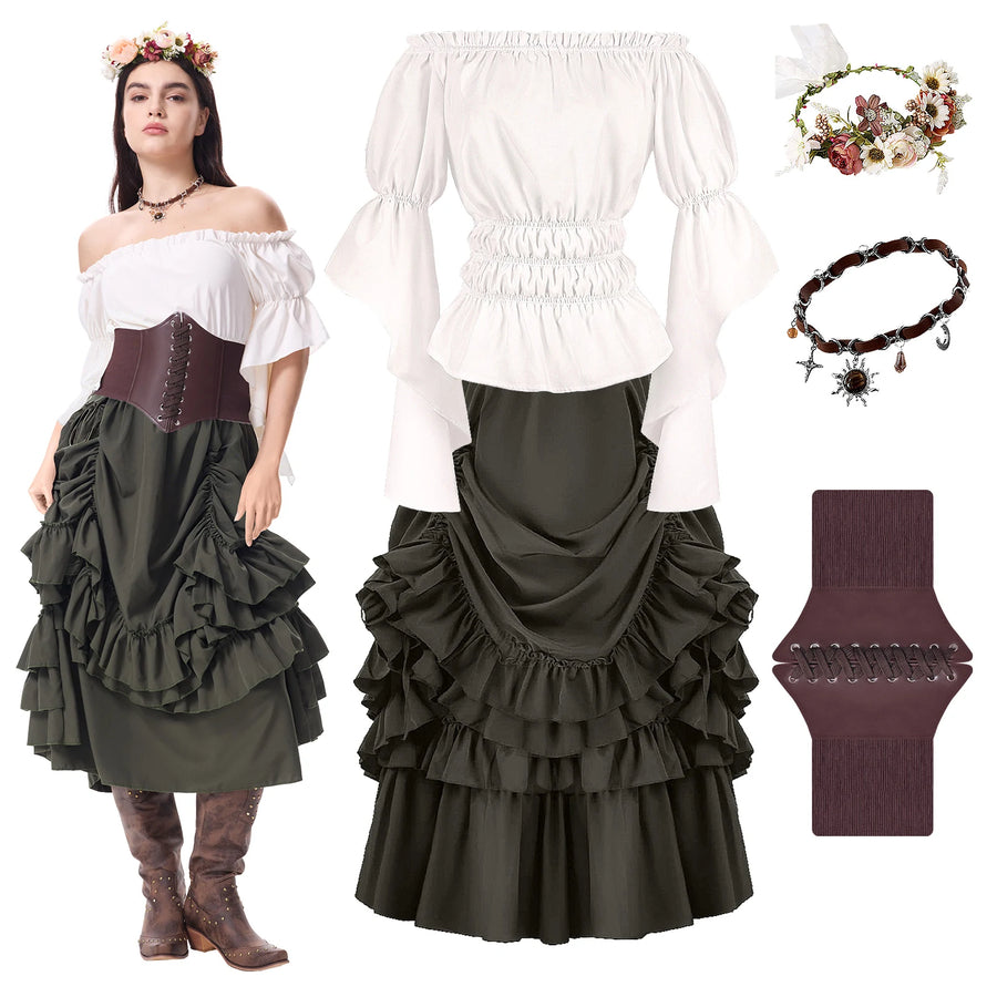 Five-piece Renaissance peasant outfit with blouse, green skirt, waist cincher, floral crown, and necklace