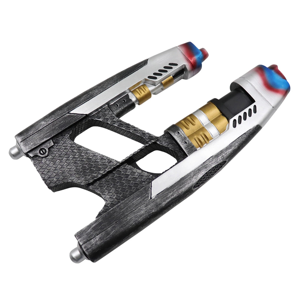 Resin futuristic blaster costume prop shown from an is shown from a three-quarter angle, highlighting the twin barrels, black grip and silver and gold painted details.