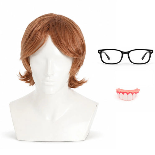 Three-piece retro spy costume set with brown wig, black glasses, and novelty teeth.
