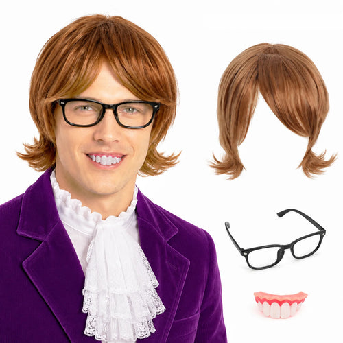 Model wears the brown spy wig, black glasses, and novelty teeth with a purple costume jacket.
